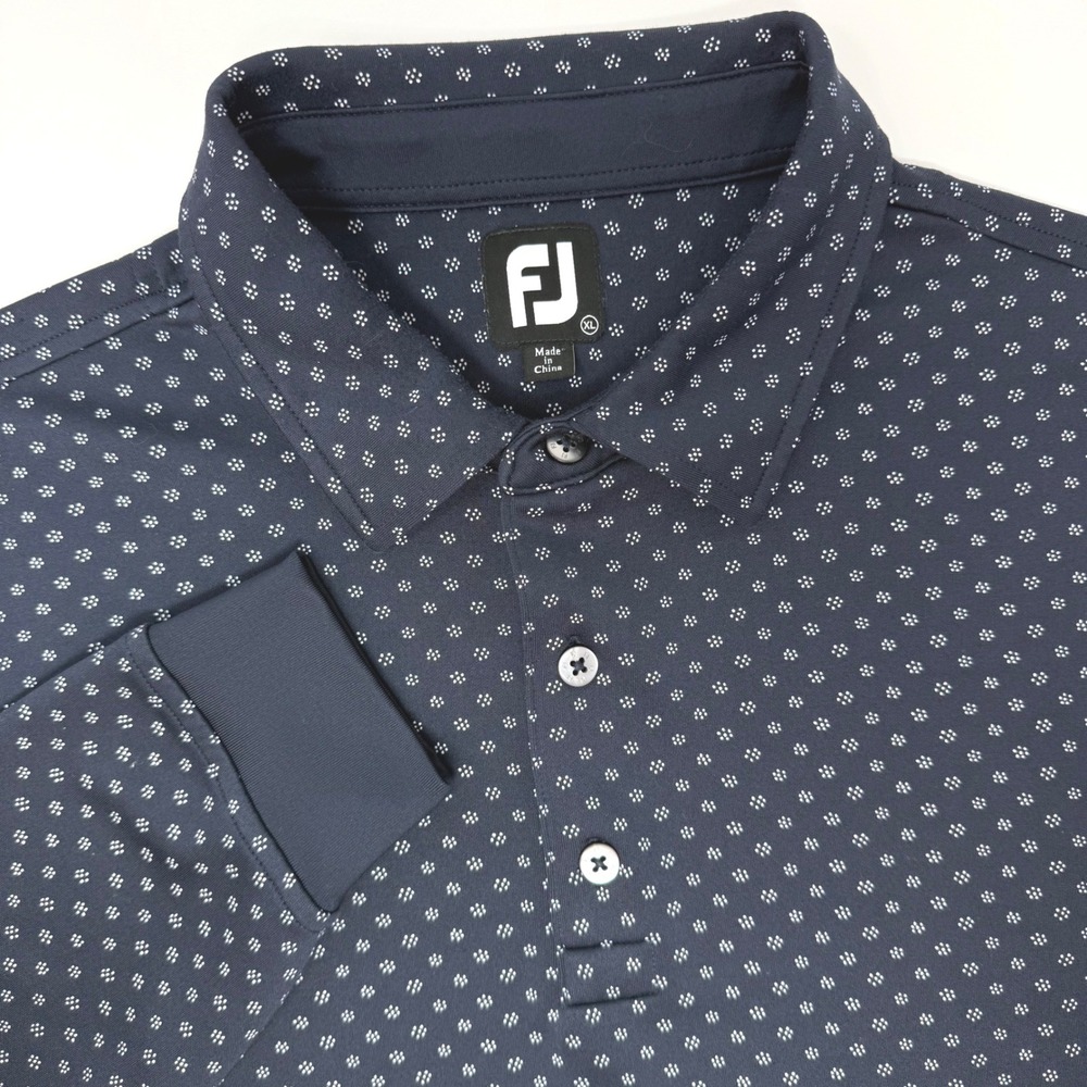 FootJoy Mens XL Long Sleeve Golf Polo Shirt Navy Blue‎ Geometric Dot Lined